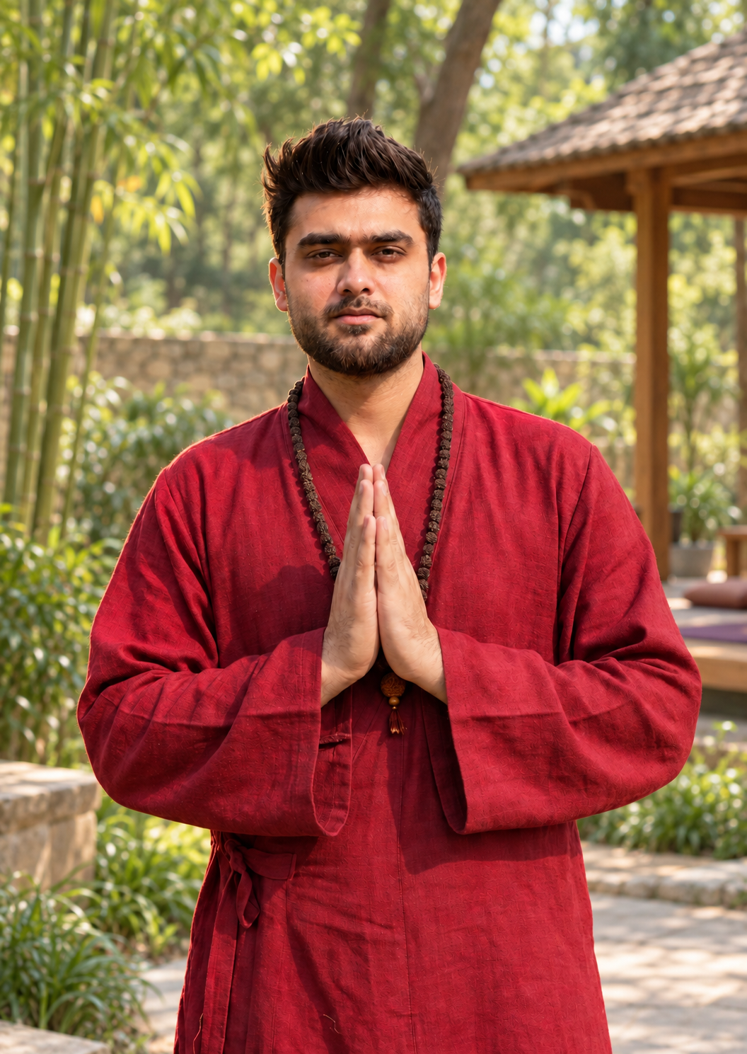 Anas in maroon meditation attire with hands in namaste